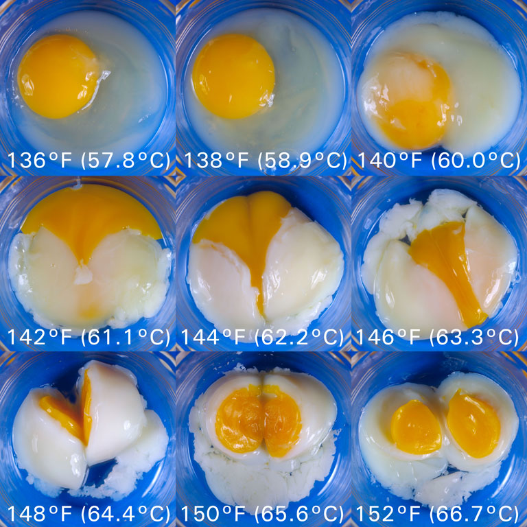 Hình ảnh trứng được nấu chín ở các nhiệt độ khác nhau.